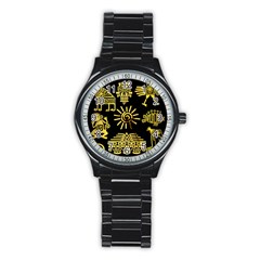 Maya Style Gold Linear Totem Icons Stainless Steel Round Watch by Vaneshart