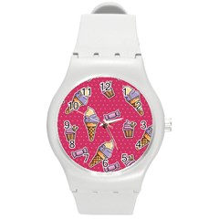 Seamless Pattern Patches With Ice Cream Round Plastic Sport Watch (m) by Vaneshart