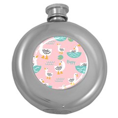 Cute Happy Duck Gift Card Design Seamless Pattern Template Round Hip Flask (5 Oz) by Vaneshart