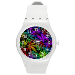 Ganja In Rainbow Colors, Weed Pattern, Marihujana Theme Round Plastic Sport Watch (m) by Casemiro