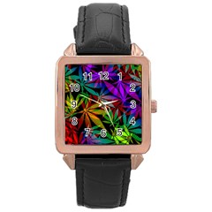 Ganja In Rainbow Colors, Weed Pattern, Marihujana Theme Rose Gold Leather Watch  by Casemiro