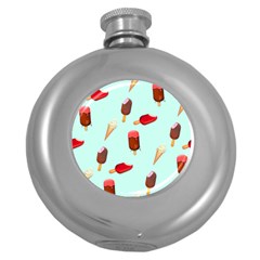 Ice Cream Pattern, Light Blue Background Round Hip Flask (5 Oz) by Casemiro