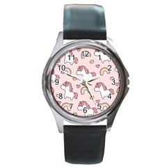 Cute Unicorn Rainbow Seamless Pattern Background Round Metal Watch