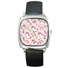 Cute Unicorn Rainbow Seamless Pattern Background Square Metal Watch by Vaneshart