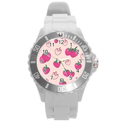 Seamless Strawberry Fruit Pattern Background Round Plastic Sport Watch (l)