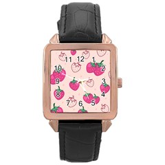 Seamless Strawberry Fruit Pattern Background Rose Gold Leather Watch 