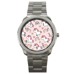 Cute-unicorn-rainbow-seamless-pattern-background Sport Metal Watch by Vaneshart