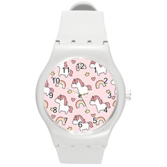 Cute-unicorn-rainbow-seamless-pattern-background Round Plastic Sport Watch (m) by Vaneshart