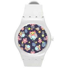 Owl Stars Pattern Background Round Plastic Sport Watch (m) by Vaneshart