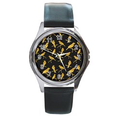 Background With Golden Birds Round Metal Watch