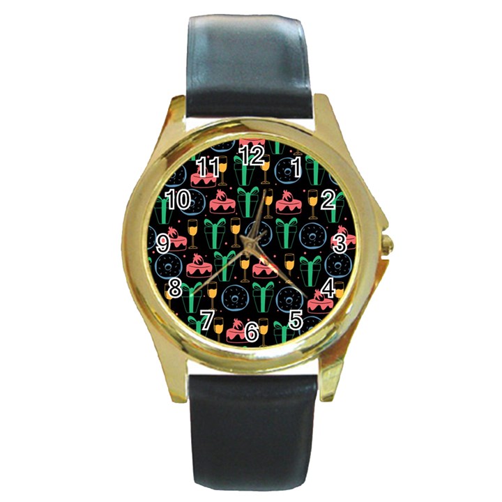 Hand-drawn-happy-birthday-pattern-background Round Gold Metal Watch