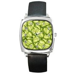 Seamless pattern with green leaves Square Metal Watch