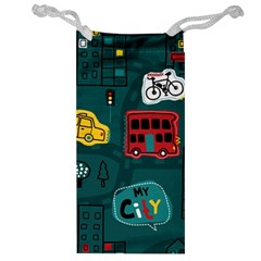 Seamless-pattern-hand-drawn-with-vehicles-buildings-road Jewelry Bag by Vaneshart