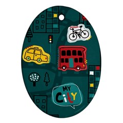 Seamless-pattern-hand-drawn-with-vehicles-buildings-road Oval Ornament (two Sides) by Vaneshart