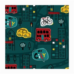 Seamless-pattern-hand-drawn-with-vehicles-buildings-road Medium Glasses Cloth by Vaneshart