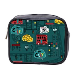 Seamless-pattern-hand-drawn-with-vehicles-buildings-road Mini Toiletries Bag (two Sides) by Vaneshart