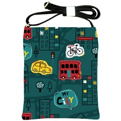 Seamless-pattern-hand-drawn-with-vehicles-buildings-road Shoulder Sling Bag by Vaneshart