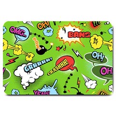 Modern-comics-background-pattern-with-bombs-lightening-jagged-clouds-speech-bubbles Large Doormat  by Vaneshart
