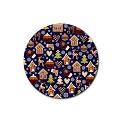 Winter-seamless-patterns-with-gingerbread-cookies-holiday-background Rubber Round Coaster (4 Pack)  by Vaneshart