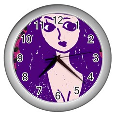 Purple Cat Ear Hat Girl Floral Wall Wall Clock (silver)