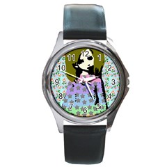 Girl With Star Striped Dress Round Metal Watch by snowwhitegirl