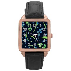 Abstract Wildflowers Dark Blue Background-blue Flowers Blossoms Flat Retro Seamless Pattern Daisy Rose Gold Leather Watch 