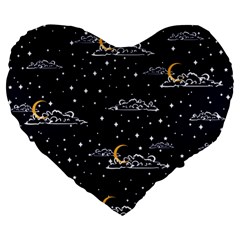 Hand Drawn Scratch Style Night Sky With Moon Cloud Space Among Stars Seamless Pattern Vector Design  Large 19  Premium Heart Shape Cushions