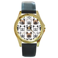 Dog French Bulldog Seamless Pattern Face Head Round Gold Metal Watch by BangZart