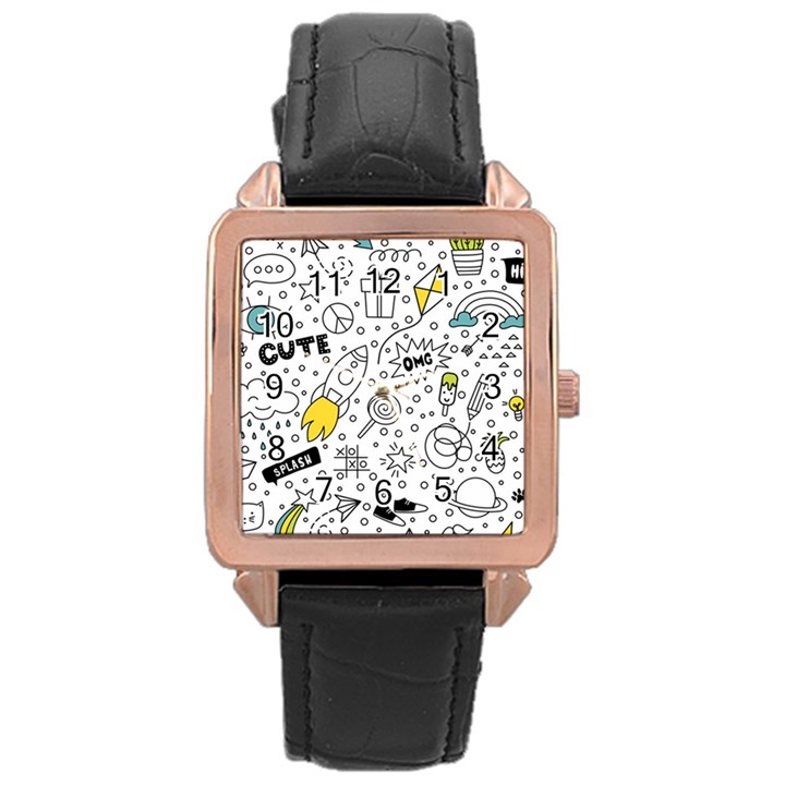 Set cute colorful doodle hand drawing Rose Gold Leather Watch 