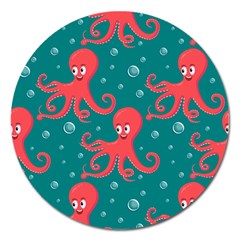 Cute Smiling Red Octopus Swimming Underwater Magnet 5  (round)