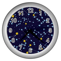 Seamless pattern with cartoon zodiac constellations starry sky Wall Clock (Silver)