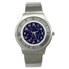 Seamless pattern with cartoon zodiac constellations starry sky Stainless Steel Watch