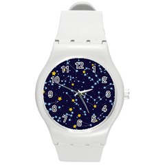 Seamless pattern with cartoon zodiac constellations starry sky Round Plastic Sport Watch (M)