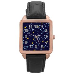 Seamless pattern with cartoon zodiac constellations starry sky Rose Gold Leather Watch 