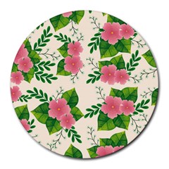 Cute Pink Flowers With Leaves-pattern Round Mousepads by BangZart