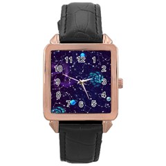 Realistic Night Sky Poster With Constellations Rose Gold Leather Watch 