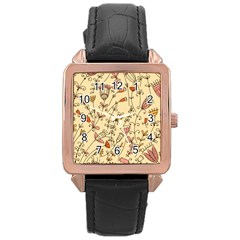 Seamless Pattern With Different Flowers Rose Gold Leather Watch 