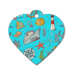 Colored Sketched Sea Elements Pattern Background Sea Life Animals Illustration Dog Tag Heart (one Side) by BangZart