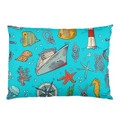 Colored Sketched Sea Elements Pattern Background Sea Life Animals Illustration Pillow Case by BangZart