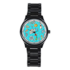 Colored Sketched Sea Elements Pattern Background Sea Life Animals Illustration Stainless Steel Round Watch