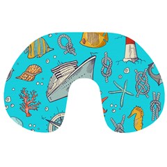 Colored Sketched Sea Elements Pattern Background Sea Life Animals Illustration Travel Neck Pillow