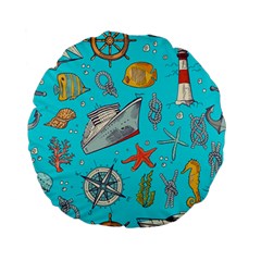 Colored Sketched Sea Elements Pattern Background Sea Life Animals Illustration Standard 15  Premium Flano Round Cushions