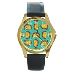 Taco Drawing Background Mexican Fast Food Pattern Round Gold Metal Watch by BangZart