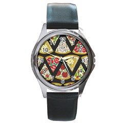 Vector Seamless Pattern With Italian Pizza Top View Round Metal Watch