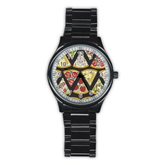 Vector Seamless Pattern With Italian Pizza Top View Stainless Steel Round Watch