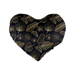 Elegant Pattern With Golden Tropical Leaves Standard 16  Premium Flano Heart Shape Cushions by BangZart