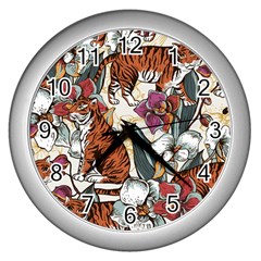 Natural seamless pattern with tiger blooming orchid Wall Clock (Silver)