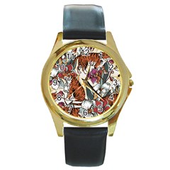 Natural seamless pattern with tiger blooming orchid Round Gold Metal Watch
