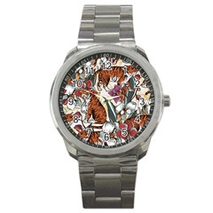 Natural seamless pattern with tiger blooming orchid Sport Metal Watch