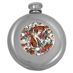 Natural seamless pattern with tiger blooming orchid Round Hip Flask (5 oz)